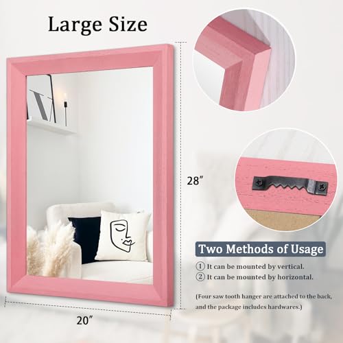 Rectangle Mirror with Wood Frame Modern Farmhouse Wall Mirrors Decor Large 28"x20" for Bedroom Bathroom Living Room Pink