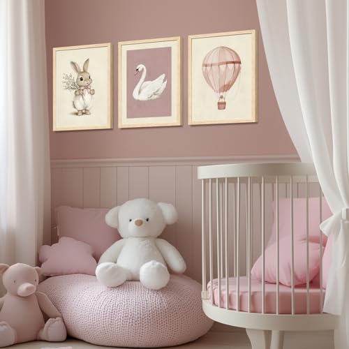 Wood Framed Pink Cute Bunny Nursery Wall Art Set of 3 (3 Count)
