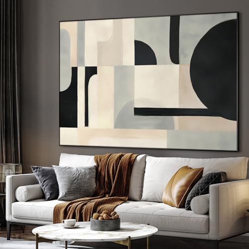 46"x60" Extra Large Framed Wall Art Modern Neutral Abstract Geometric in Black and Beige