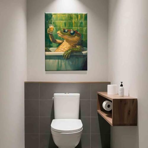 Funky Animals Wall Art Bathroom Humor Poster Animal in Bathtub Painting Aesthetic Cocktail Picture Crocodile Artwork 16x24inch framed