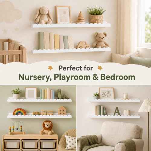 Extra Long White Scalloped Nursery Shelves for Wall (4 Count)