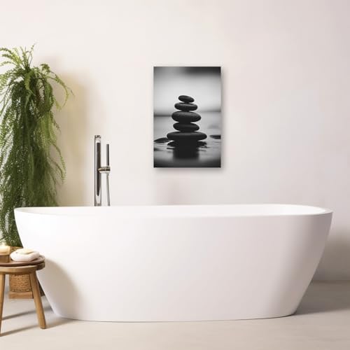 Zen Canvas Wall Art Black and White Zen Stone Picture Print Meditation Relax Spirit Spa Room Bathroom Decor Frame (3 Count)