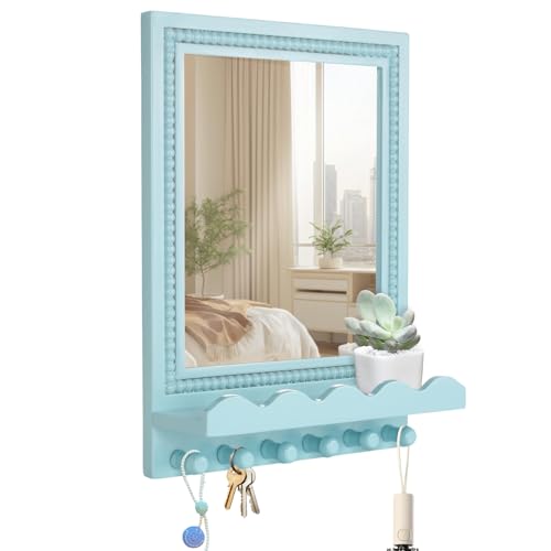 16x12 Inch Wall Mount Beaded Wood Framed Mirror with Shelf and 6 Hooks