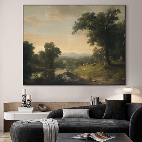 36"x46" Extra Large Framed Wall Art Classic River Valley Landscape Vintage Style Countryside Illustration for Home Living Room Bedroom Decor