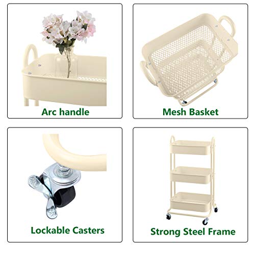3 Tier Metal Mesh Utility Rolling Cart Storage Organization Cart with Wheels (3 Count)