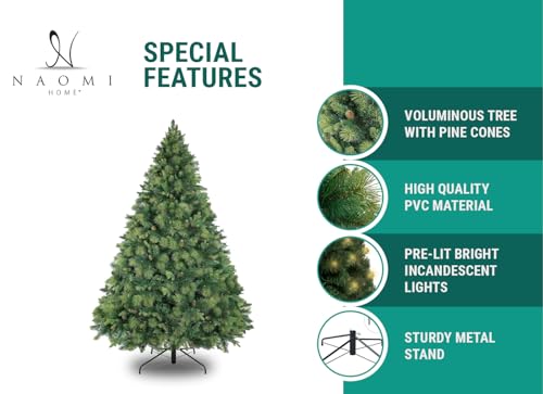 9ft Christmas Tree with Lights Realistic Traditional Christmas Tree Prelit with Pine Cones Foot Pedal 2294 Branch Tips 1050 Warm Lights and Metal Stand Aritificial