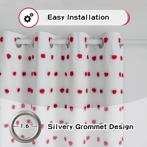 Blackout Curtains for Girls Bedroom 63 Inch Long Red Pom Pom Curtains for Kids Room 2 Panels 100% Room Darkening Window Treatment 2 Layered Drapes Toddler Grommet 50W x 63L