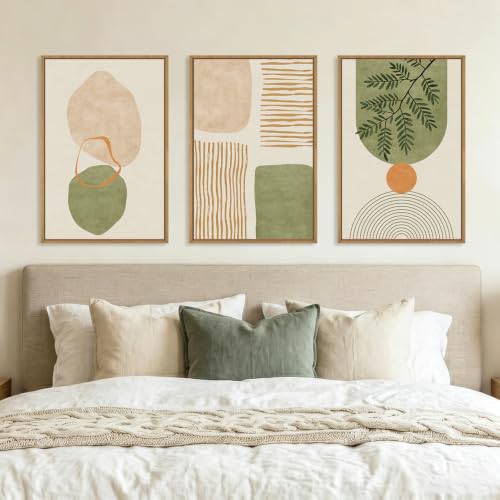 Boho Sage Green Geometric Framed Canvas Wall Art Set