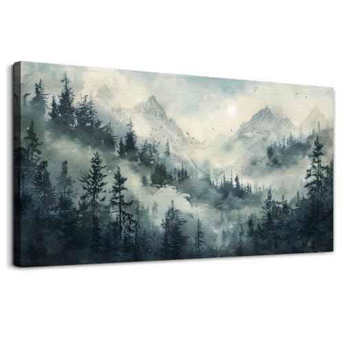 Modern Large Canvas Print Wall Art Misty Forest Landscape Painting Home Decoration Natural Landscape Artwork Picture Living Room Bedroom Office Wall Decoration Ready To Hang 24x48 Inches