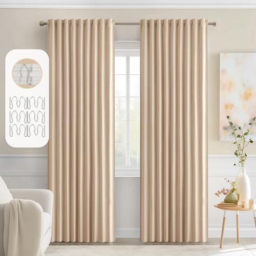 Beige Back Tab Blackout Curtains 52x72 Inches Long 2 Panels Set (2 Count)