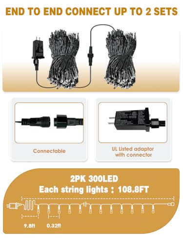 2 Pack Extendable 600 LED Christmas String Lights Indoor Outdoor Multicolor