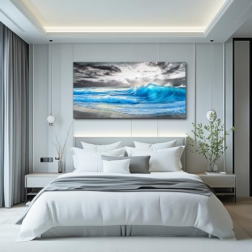 Large Canvas Blue Sea Wave Ocean Painting Wall Decor 30x60 In
