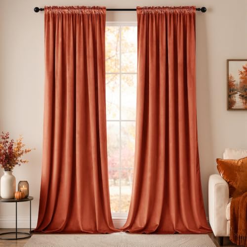 Fall Burnt Orange Blackout Velvet Curtains 108 Inch Long 52"x108" (2 Count)
