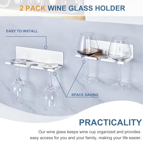 Wine Glass Holder Wine Glass Drying Rack Metal Hanging Stemware Rack Wall Mounted Adhesive Hanging Wine Glass Organizer Stemware Holder for Bar Restaurant Kitchen 2 Pack