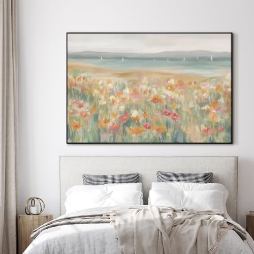 46"x72" Extra Large Framed Wall Art Coastal Flower Field with Sailing Boats Serene Landscape Illustration for Home Living Room Bedroom Decor
