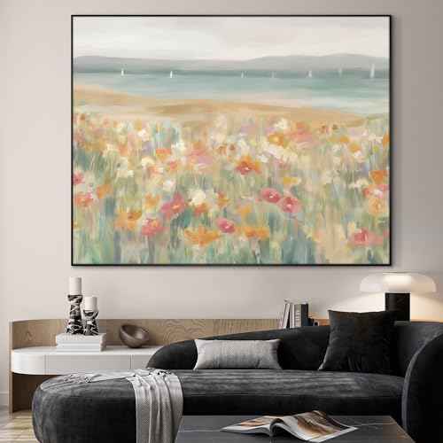 60"x72" Extra Large Framed Wall Art Coastal Flower Field with Sailing Boats Serene Landscape Illustration for Home Living Room Bedroom Decor