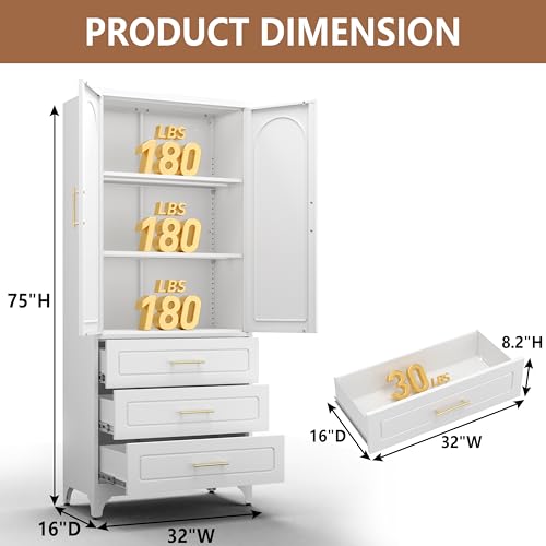 75" Tall White Metal Pantry Storage Cabinet with 3 Drawers