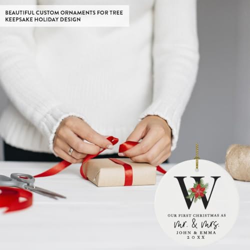 Personalized Our First Christmas As Mr. & Mrs. 2026 Christmas Ornaments Monogram Poinsettia 2.8" Round Porcelain Ceramic 1st Year Married Custom Ornament Keepsake for Newlyweds 1