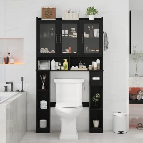 Black Over The Toilet Storage Cabinet with Glass Doors
