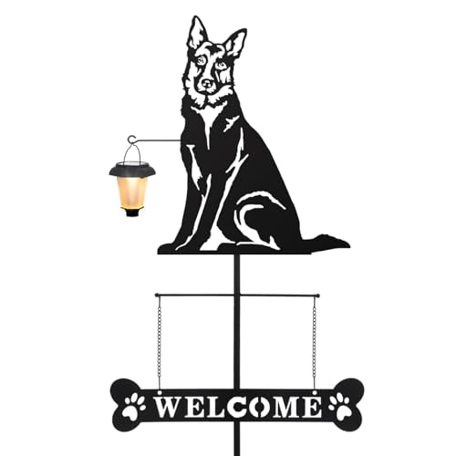 Solar German Shepherd Silhouette Dog Breed Welcome Sign with a Lantern