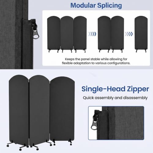 72 x 66 Inch 3 Panel Soundproof Room Divider with Wheels