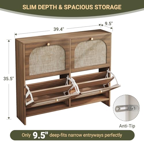 Freestanding Ultra Slim Fluted Accent Shoe Storage Cabinet for Entryway