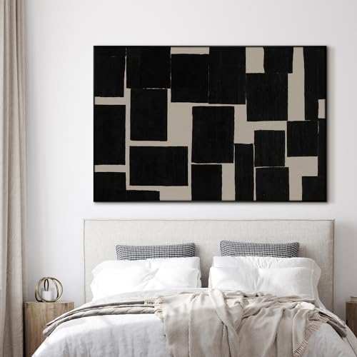 46"x72" Extra Large Framed Wall Art Modern Abstract Black and Beige Geometric Blocks for Home Living Room Bedroom Decor