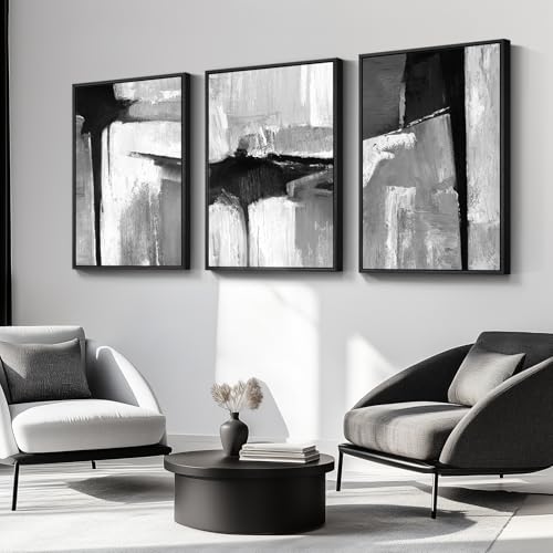 Large Framed Black and White Gray Abstract Wall Art Set (3 Count)