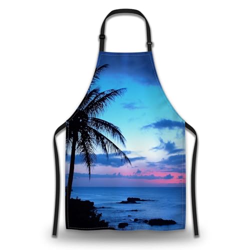 Kitchen Aprons for Men Hawaii Beach Blue Sunset Apron for Women for Cooking Restaurant BBQ Painting Crafting Gardening 27”