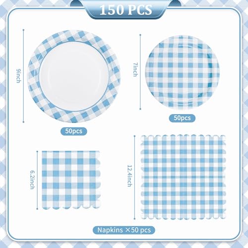 150 Pcs Light Blue Gingham Paper Plates and Napkins (150 Count)
