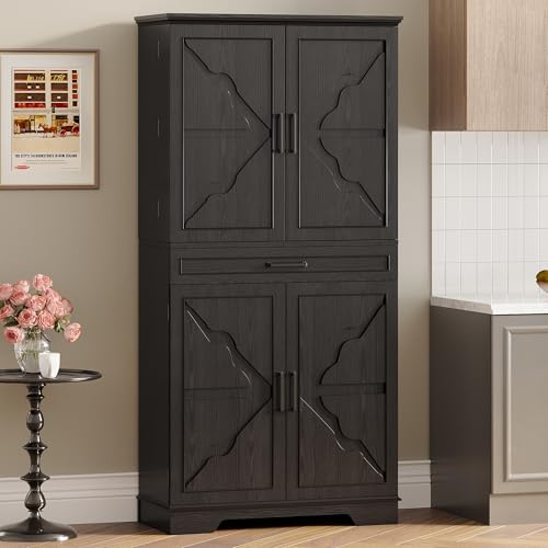 72" Farmhouse Kitchen Pantry Cabinet with Sliding Storage Rack