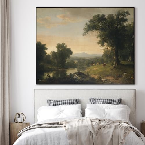 36"x46" Extra Large Framed Wall Art Classic River Valley Landscape Vintage Style Countryside Illustration for Home Living Room Bedroom Decor