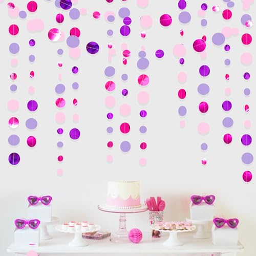 Pink and Purple Party Decorations Circle Dots Garland Hot Pink Lavender Hanging Polka Dot Streamer for Birthday Bridal Shower Wedding Bachelorette Anniversary Party Supplies