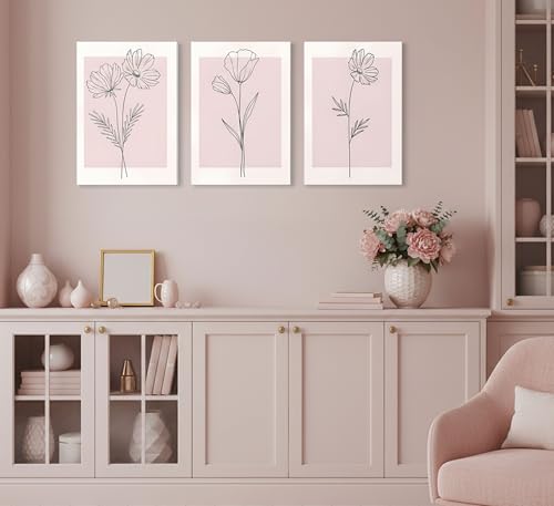 3 Pcs Minimalism Pink Floral Botanical Canvas Wall Art 16x24in (3 Count)