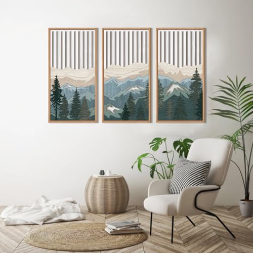 Large Mountain Wood Wall Art Framed Decor Set of 3
