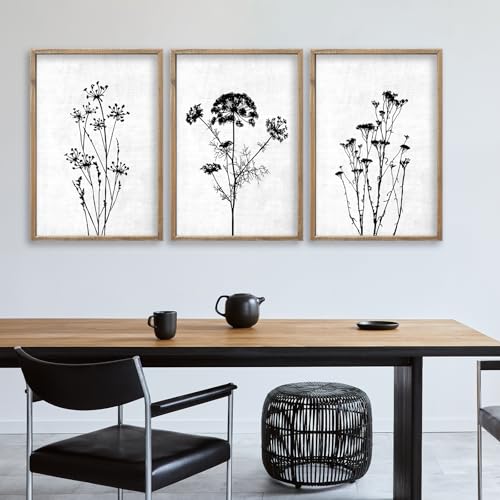 Flower Plant Wall Art Decor 16"x11" Set of 3 Black And White