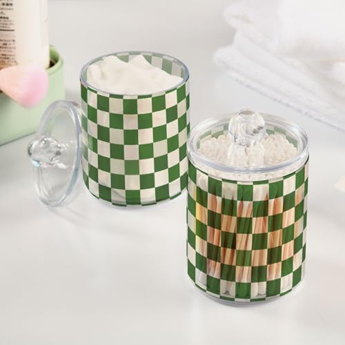 2 Pack Qtip Holder Organizer Dispenser Green White Checkered Pattern Bathroom Storage Canister Cotton Ball Holder Container for Cotton Pads (2 Count)