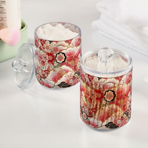 2 Pack Qtip Holder Organizer Dispenser Japanese Flowers Pattern Bathroom Storage Canister Cotton Ball Holder Container for Cotton Pads (2 Count)