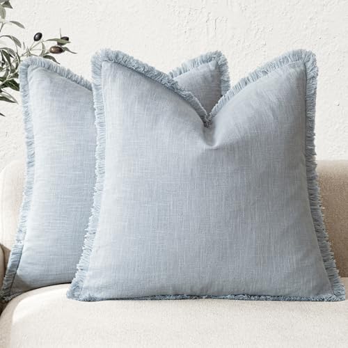 Decorative Linen Fringe Throw Pillow Covers 18×18 Inch (2 Count)