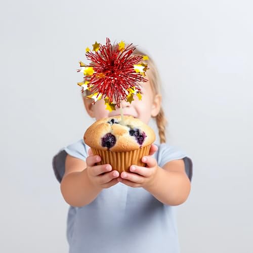 30Pcs Foil Firework Cupcake Toppers Party Birthday Cake Toppers Supplies Sparkle Tinsel Cocktail Fruit Toothpick for Birthday Wedding Graduation Party Red (30 Count)
