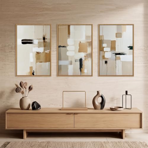 Large Abstract Beige Framed Canvas Wall Art Set