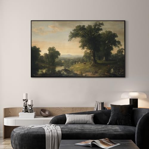 36"x60" Extra Large Framed Wall Art Classic River Valley Landscape Vintage Style Countryside with Trees and Cows Illustration for Home Living Room Bedroom Decor