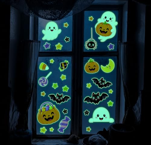 Glow in the Dark Halloween Window Stickers Luminous Ghost Witch Hat Pumpkin Candy Window Decals for Halloween Party Supplies Home Glass Decorations