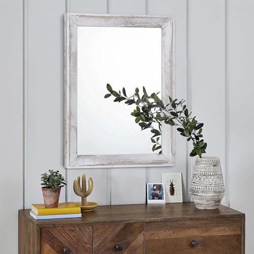 Mirrors for Wall Rustic Wood Framed Hanging Mirror 20"x16" Decorative for Farmhouse Bedroom Bathroom Living Room Entryway Hallway White
