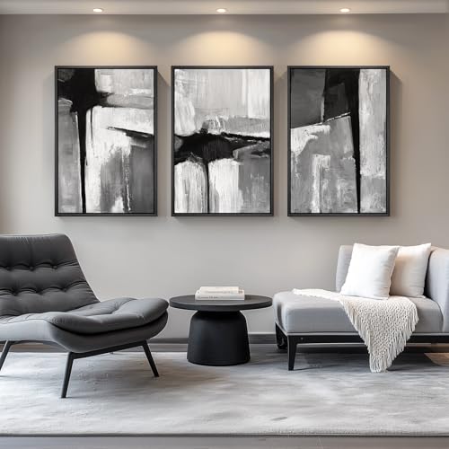 Large Framed Black White Gray Abstract Wall Art for Living Room