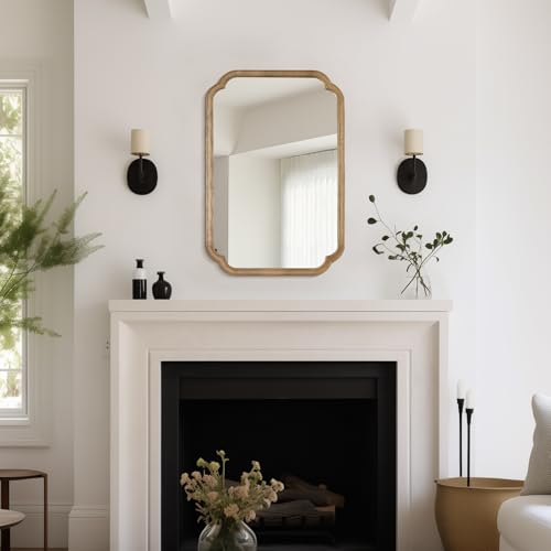 24" x 36" Rounded Corner Arch Wall Mirror with Wood Frame for Entryway