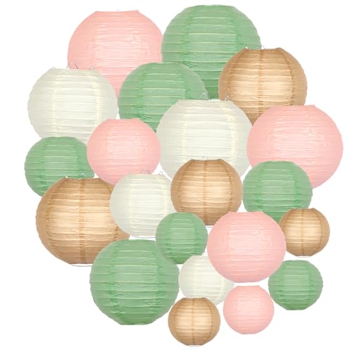 21-Pack Pink, Sage Green & Brown Paper Lanterns, Pastel Party Decor (21 Count)