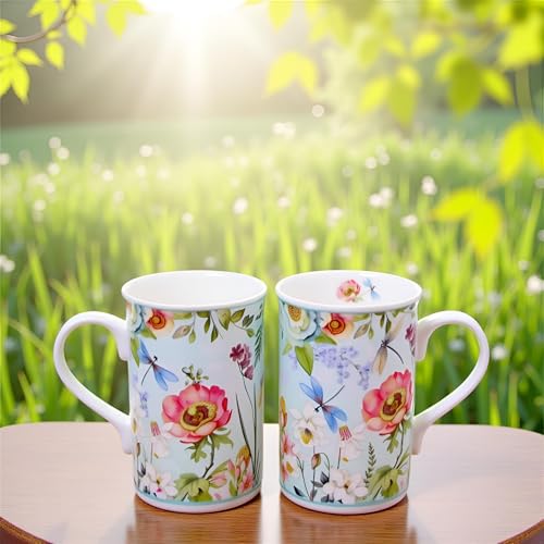 Elegant Bone China Two Coffee Mugs set in Dragonfly design (2 Count)