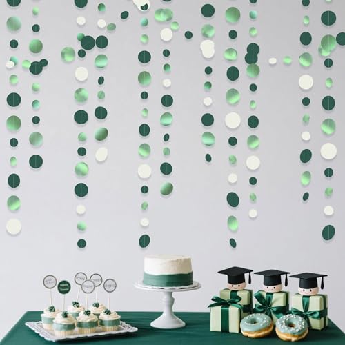 46 Ft Sage Green Party Decorations Metallic Sage Green White Polka Dots Garlands Hanging Paper Circle Dots Streamer for Birthday Engagement Graduation Wedding Party Decorations Supplies