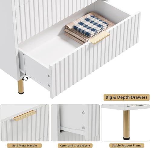 48" Fluted White 5 Drawer Dresser for Bedroom with Deep Drawers